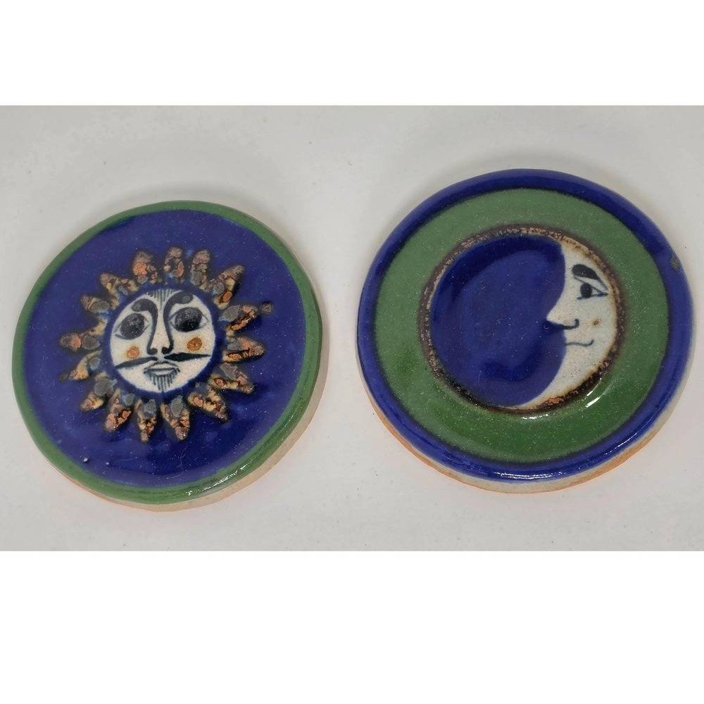 Mexican Stoneware Sun Moon Set Hand Painted Ornament Tile Celestial Y2K Aztec